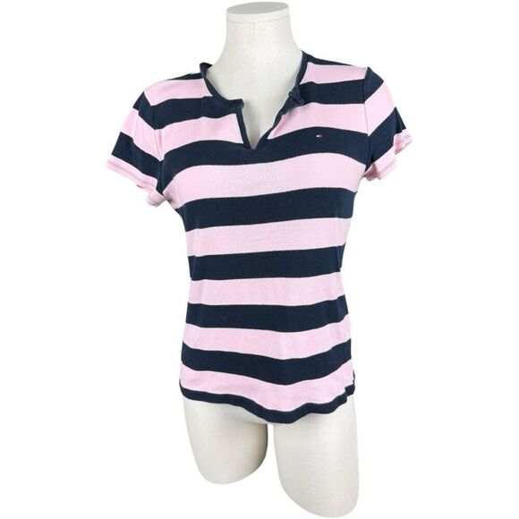 TOMMY HILFIGER Pink and Navy Striped V-neck Tee | Size Large - Picture 1 of 5
